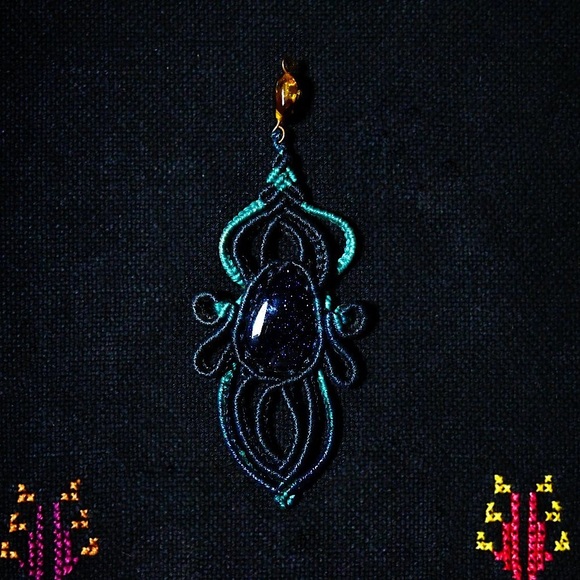 Unique Jewelry - Blue Goldstone Crystal & Ambar Crochet Pendant